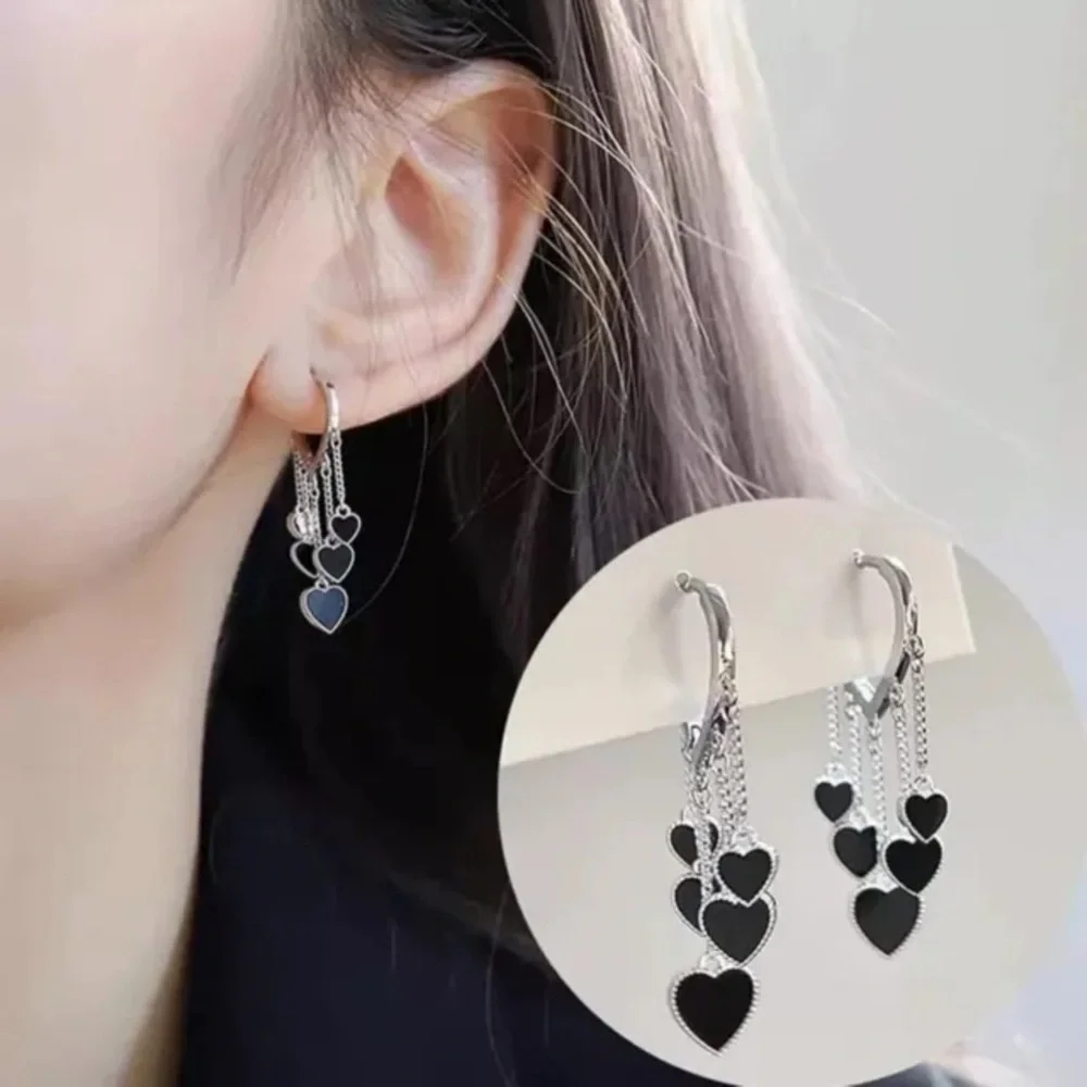 Black Heart Tassel Hoop Silver Dangle Hearts Earrings NWT - Picture 6 of 7